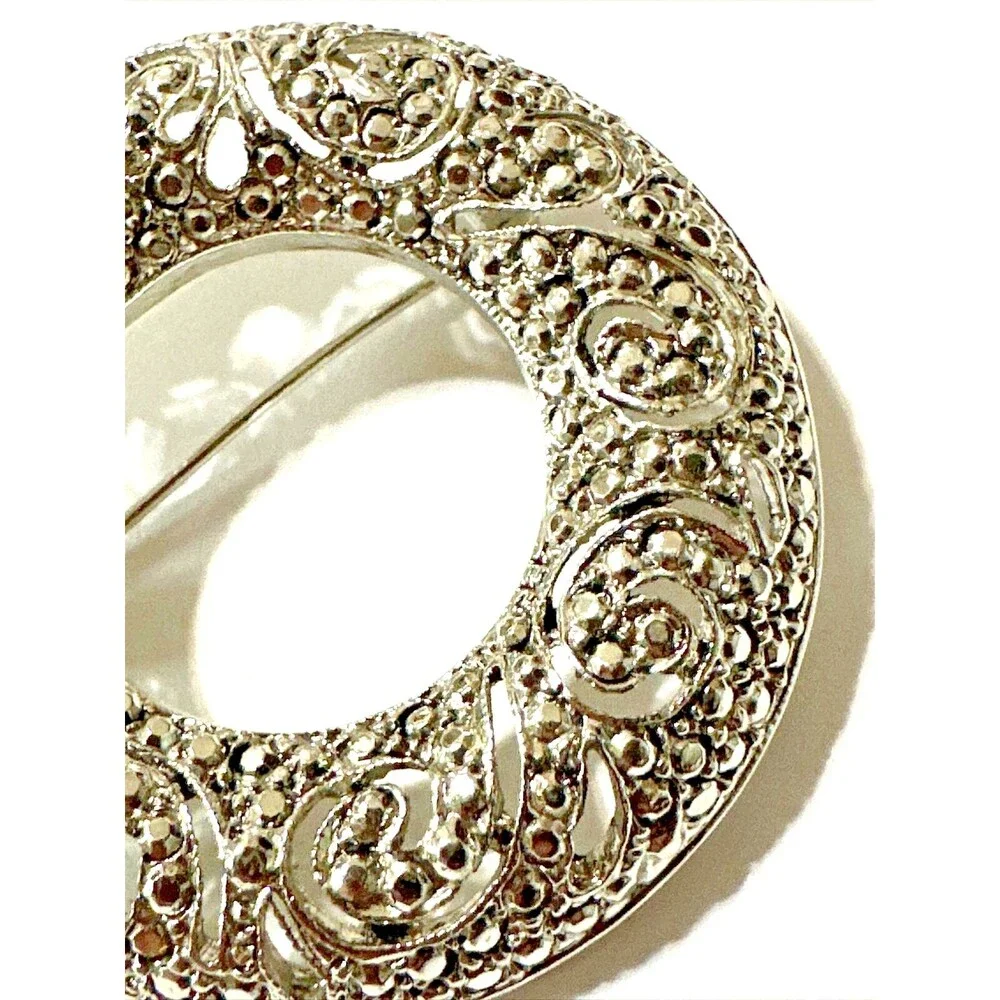Vintage Liz Claiborne First Issue Filigree Brooch Faux Marcasite Silver Tone Pin